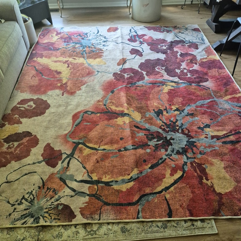 Ruggable Watercolor Floral Coral 8x10 Area Rug Cover Poppy Red Orange Washable